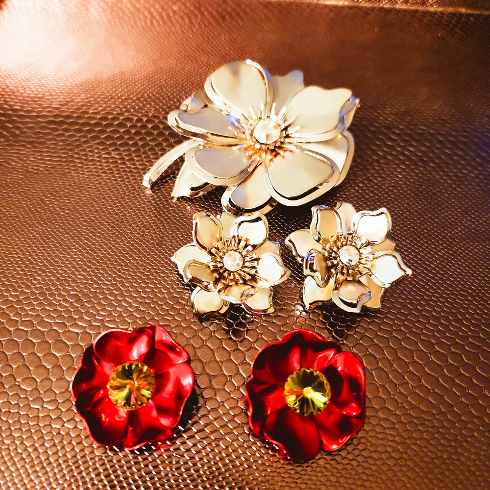 Elegant Silver and Red Floral Jewelry Set